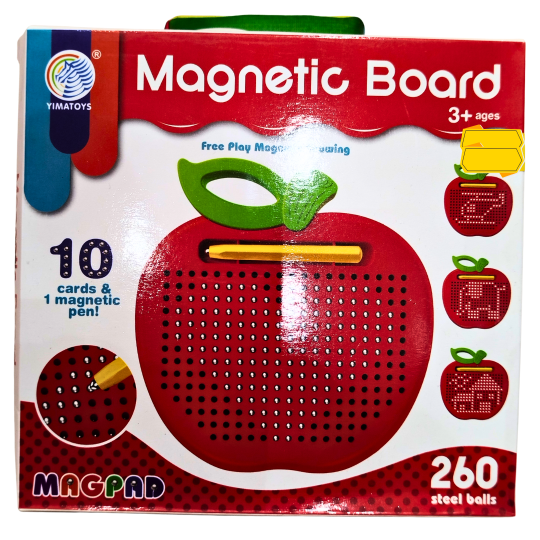 MagPad Magnetic Drawing Board – Apple-Shaped Learning Toy with Stylus & 10 Pattern Cards (260 Beads, Ages 3+)