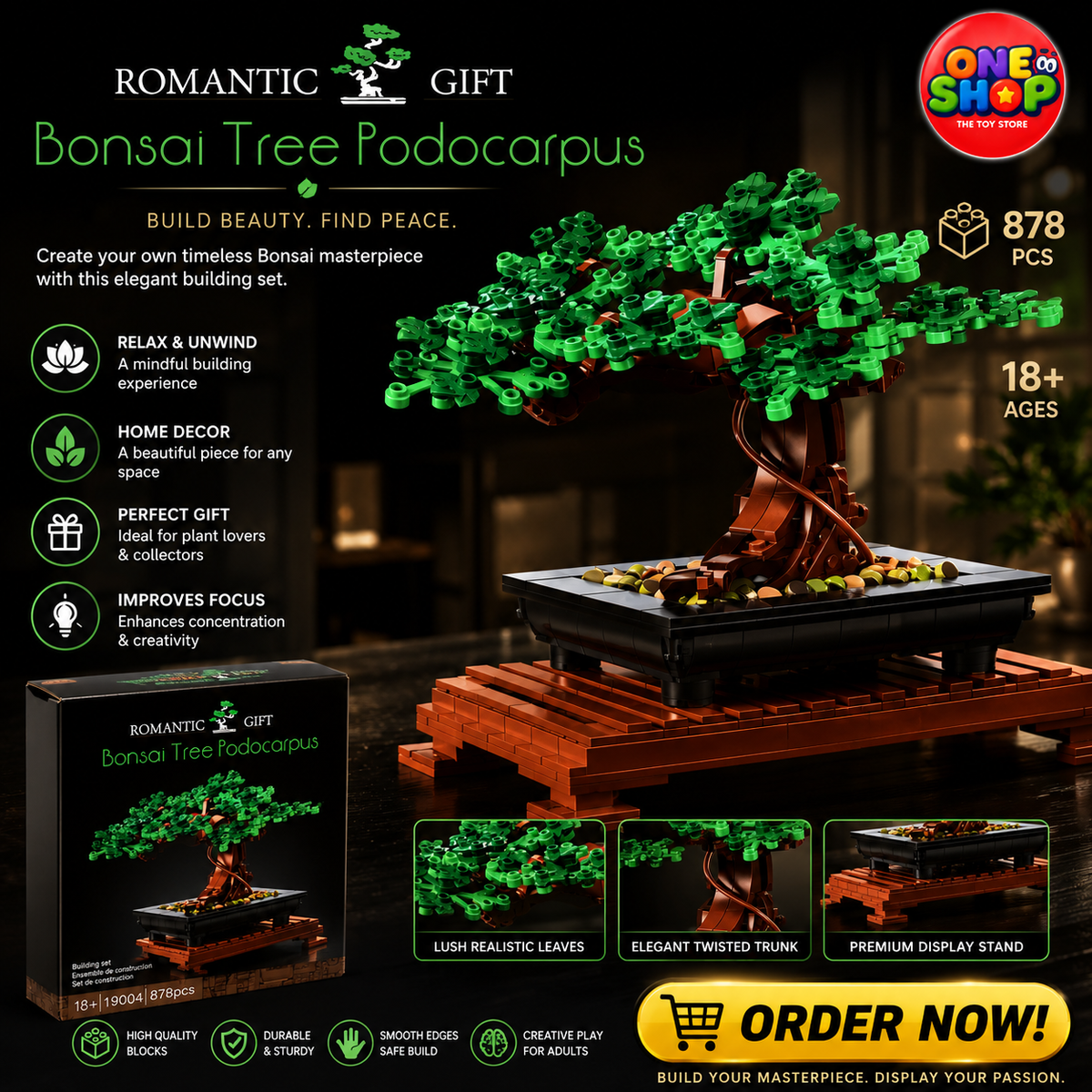 Bonsai Tree Podocarpus Building Blocks Set 878 Pieces – Decorative Botanical Construction Model for Adults | DIY Bonsai Plant Display | Creative Home Décor Building Set 18+