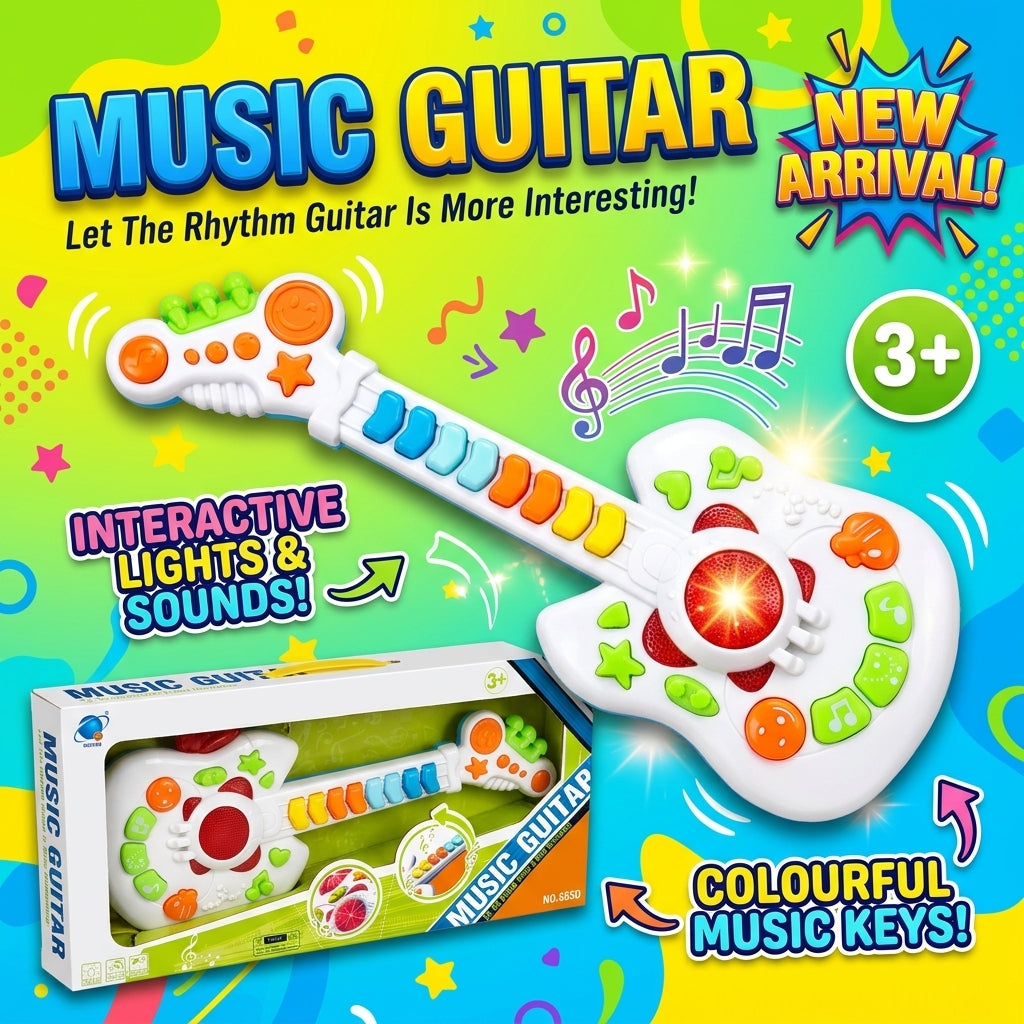 White Musical Guitar with Colourful Music Keys