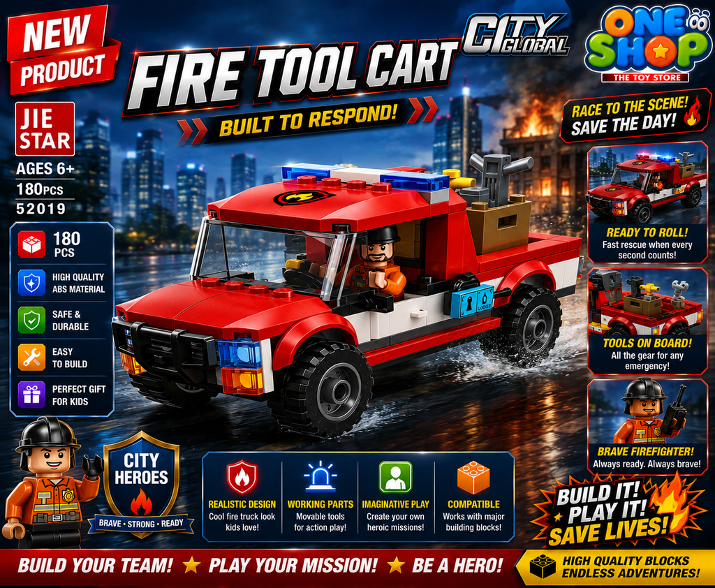 JIE STAR City Global Fire Tool Cart Building Blocks Set – 180 PCS Fire Rescue Truck Construction Toy for Kids | Firefighter Pickup Brick Set | Educational STEM Toy for Boys & Girls 6+