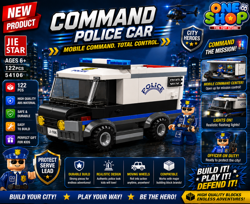 JIE STAR City Global Command Police Car Building Blocks Set – 122 PCS Police Van Construction Toy for Kids | Police Vehicle Brick Set with Officer Figure | Educational STEM Toy for Boys & Girls 6+ Main image