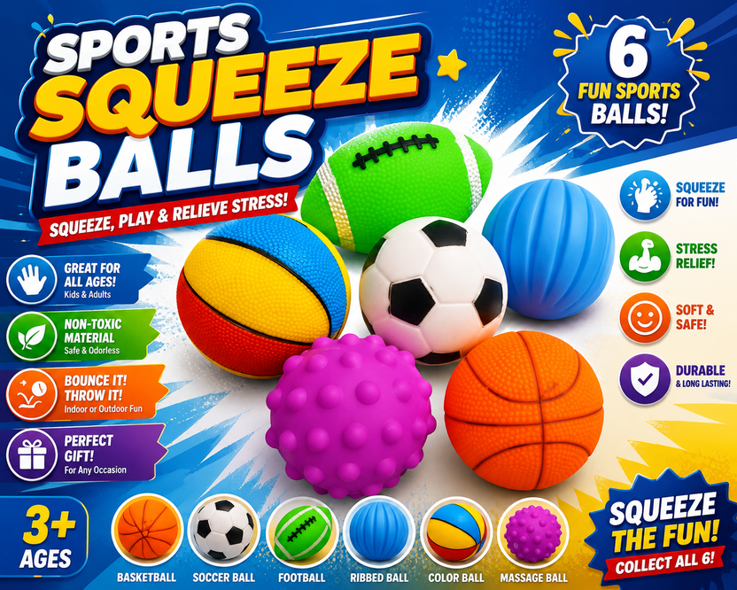Sports Squeeze Balls Set for Kids – 6 Pack Soft Stress Relief Sports Balls | Sensory Fidget & Indoor Outdoor Play Toys for Boys & Girls (3+ Years) Main image