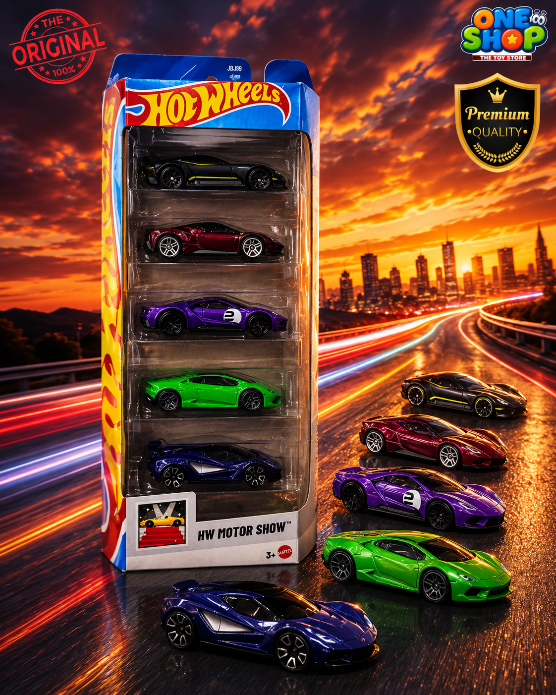 Hot Wheels HW Motor Show 5-Car Pack – Aston Martin Vulcan, Ferrari SF90 Stradale, Ford GT, Lamborghini Huracán & Lotus Evija Die-Cast Set