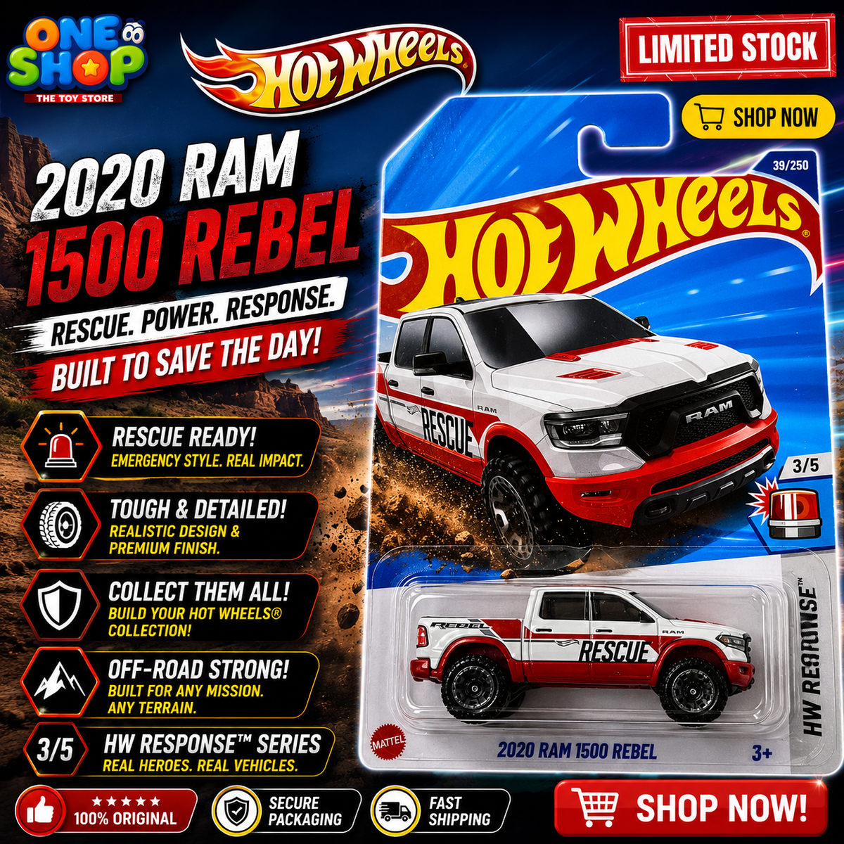 Hot Wheels 2020 RAM 1500 Rebel Rescue Die-Cast Truck – 1:64 Scale Mattel Toy | Off-Road Rescue Pickup for Kids
