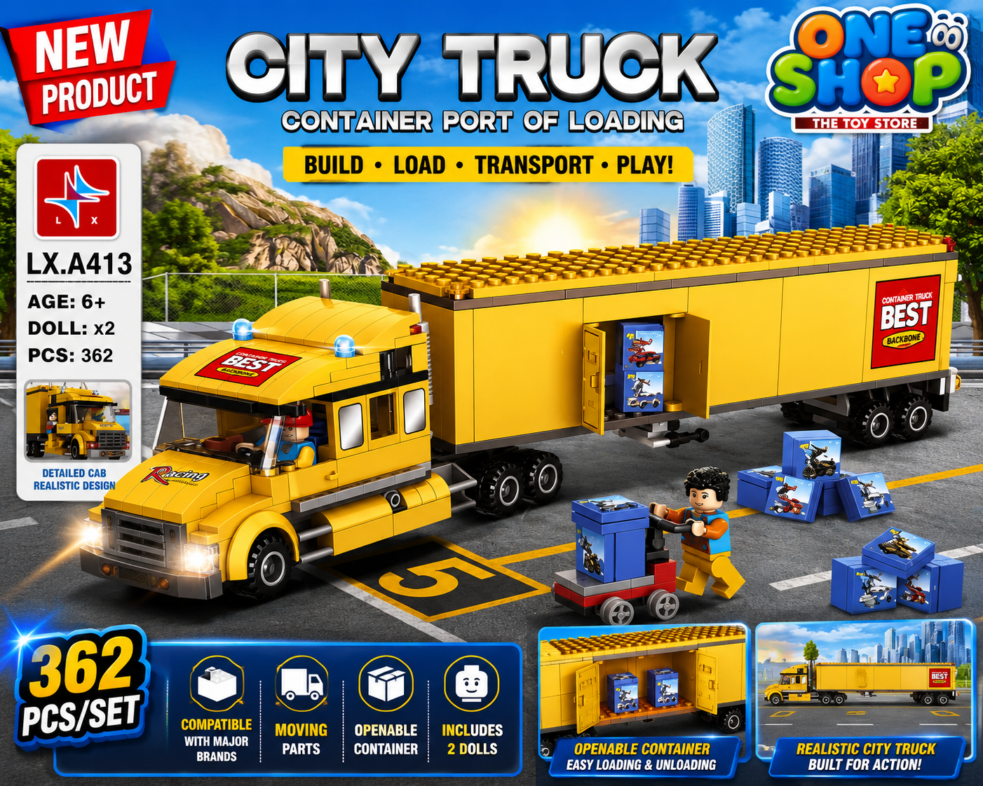 City Truck Container Port Building Blocks Set – 362 PCS Construction Truck Toy for Kids | Cargo Trailer Truck Brick Set | Educational STEM Building Toy for Boys & Girls 6+