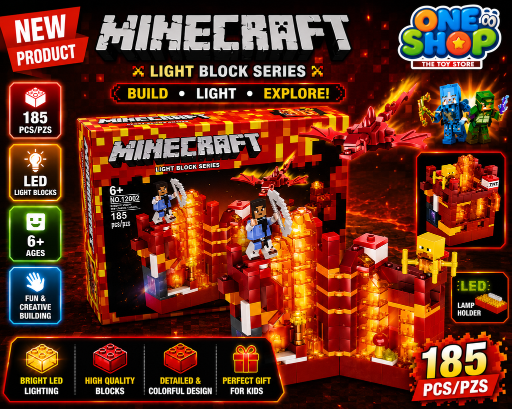 Minecraft Light Block Series LED Building Set – 185 PCS Lava Adventure Construction Blocks Toy for Kids | Dragon & Warrior Figure Playset | Educational STEM Toy for Boys & Girls 6+