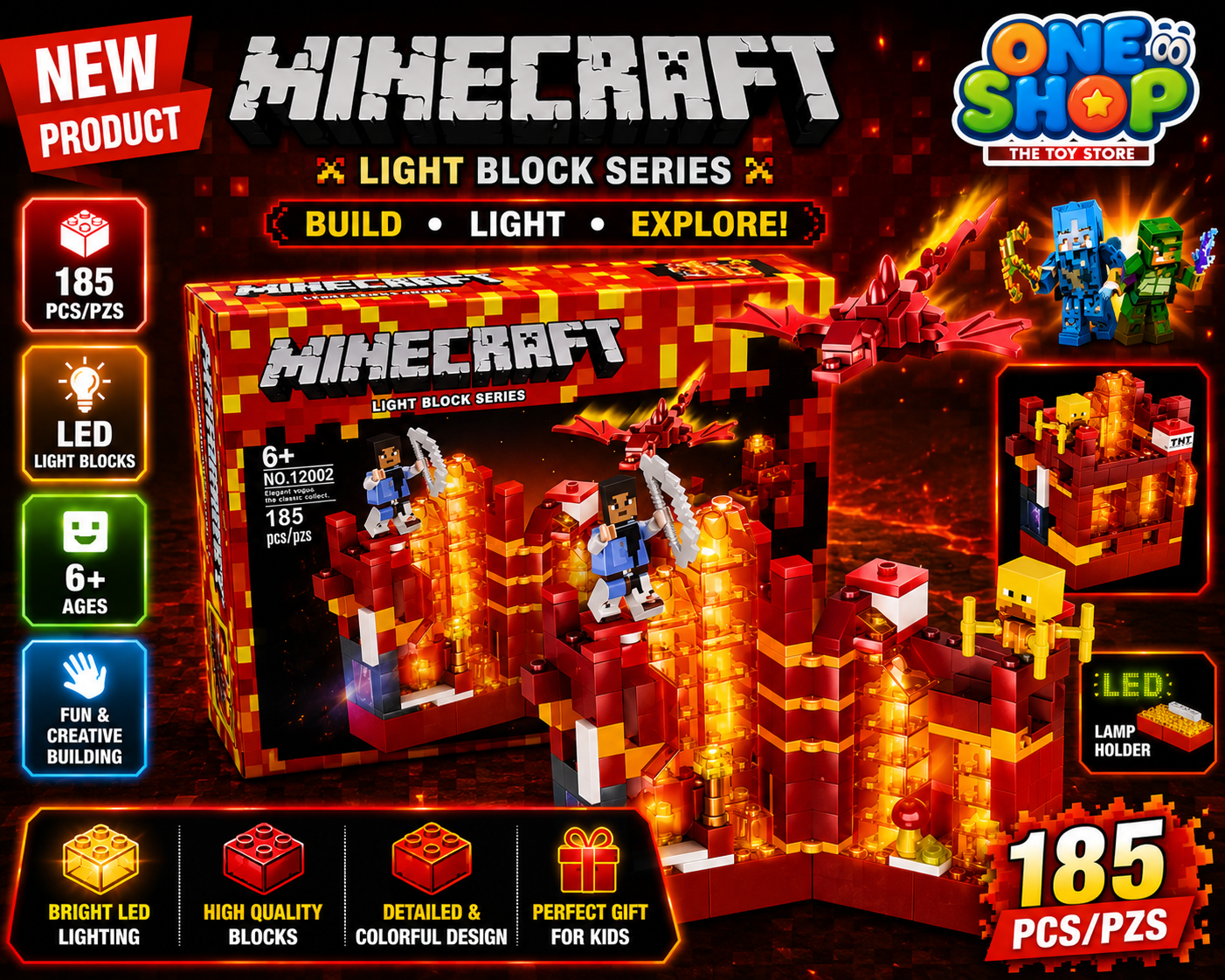 Minecraft Light Block Series LED Building Set – 185 PCS Lava Adventure Construction Blocks Toy for Kids | Dragon & Warrior Figure Playset | Educational STEM Toy for Boys & Girls 6+