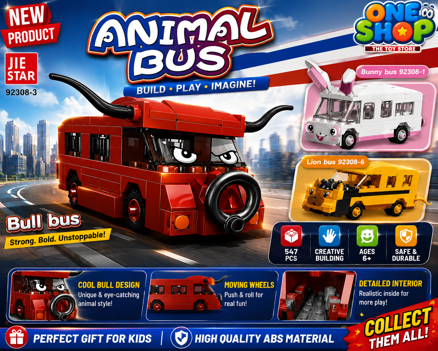 JIE STAR Animal Bull Bus Building Blocks Set – Creative Cartoon Vehicle Construction Toy for Kids | Bull Bus Brick Model | Educational STEM Toy for Boys & Girls