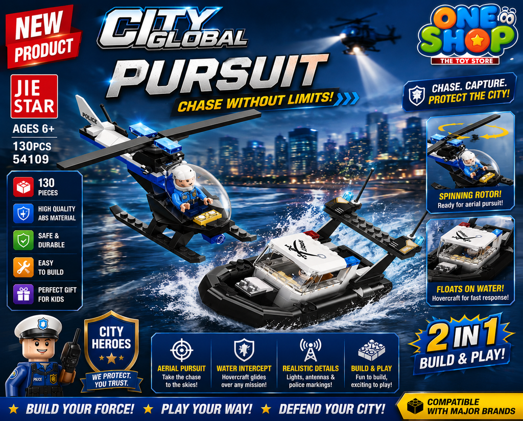 JIE STAR City Global Police Pursuit Building Blocks Set – 130 PCS Police Helicopter & Speed Boat Construction Toy for Kids | Rescue Vehicle Brick Set | Educational STEM Toy for Boys & Girls 6+