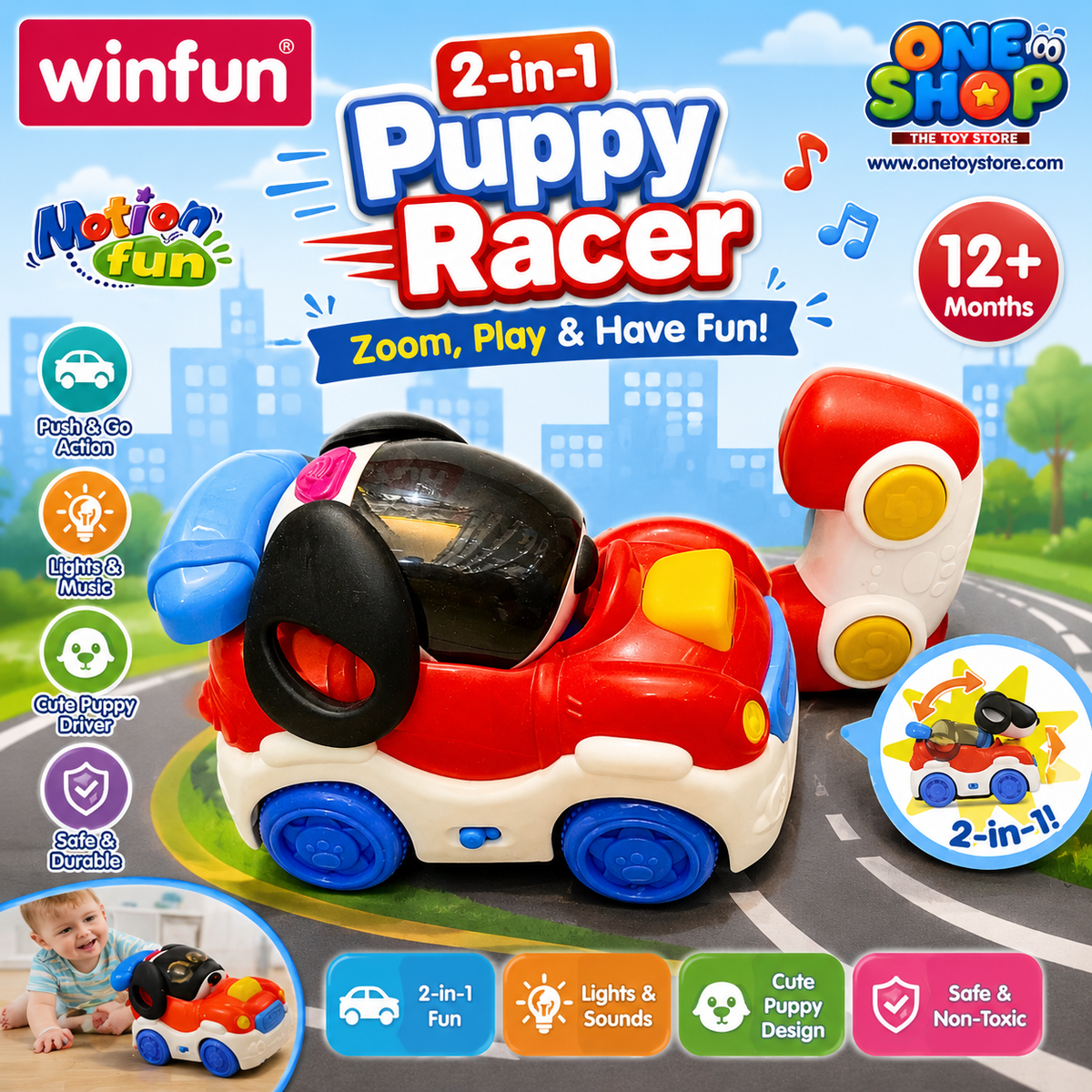 Winfun 2-in-1 Puppy Racer Toy Car for Toddlers – Interactive Musical Push Car with Detachable Puppy Phone & Lights