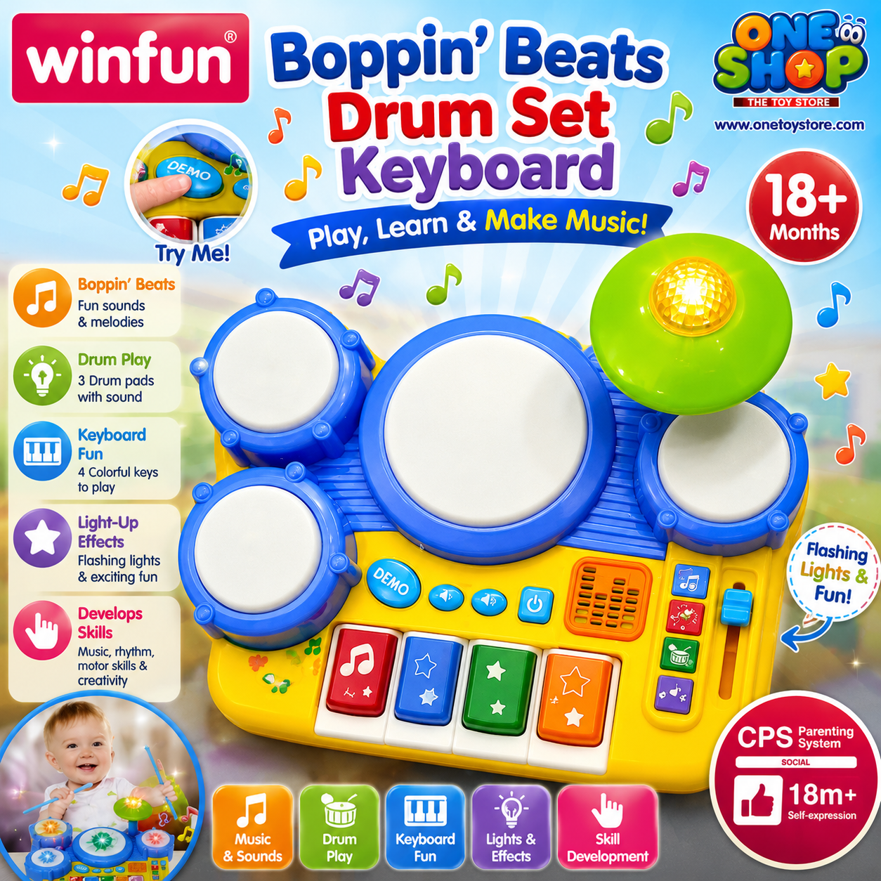 Winfun Boppin’ Beats Drum Set Keyboard for Kids – Musical Drum & Piano Toy with Lights, Sounds & Learning Activities
