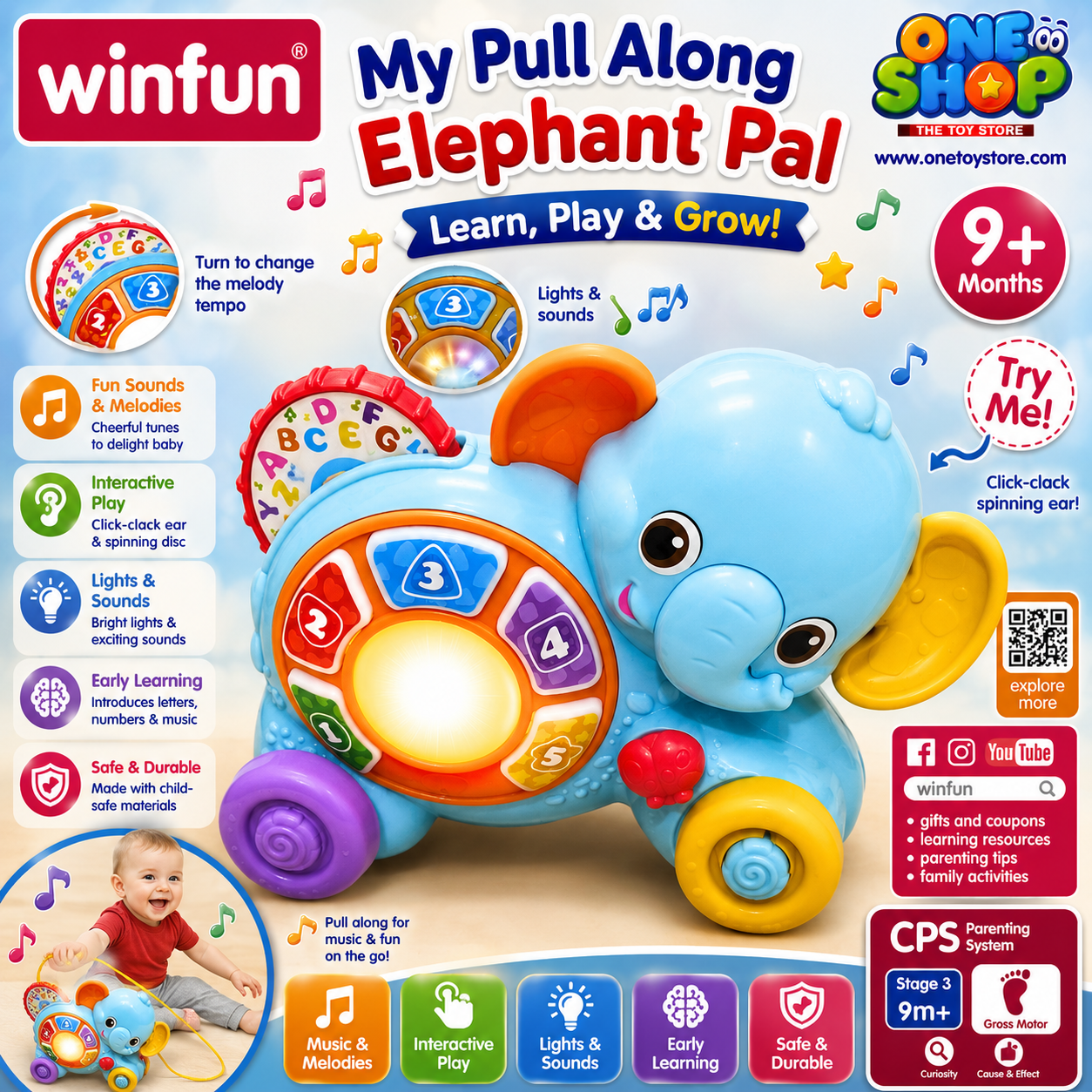 Winfun My Pull Along Elephant Toy for Toddlers – Musical Learning Elephant with Lights, Numbers & Pull Along Fun