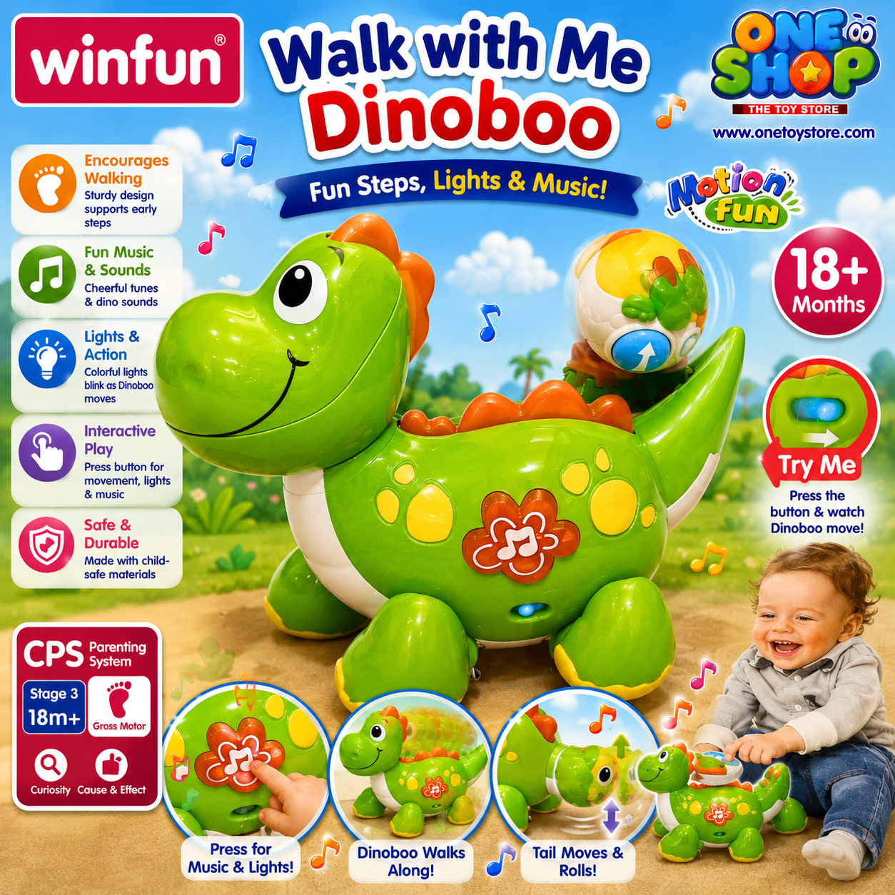 Winfun Walk With Me Dinoboo – Interactive Walking Dinosaur Toy with Music, Lights & Pull Along Fun for Toddlers