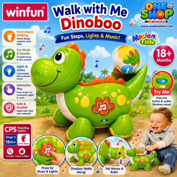 Winfun Walk With Me Dinoboo – Interactive Walking Dinosaur Toy with Music, Lights & Pull Along Fun for Toddlers