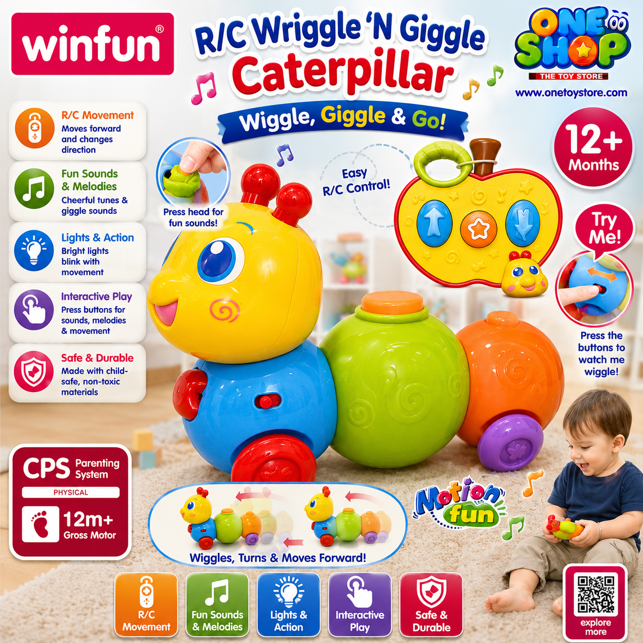 Winfun R/C Wriggle ‘N Giggle Caterpillar – Interactive Musical Remote Control Caterpillar Toy with Lights & Sounds