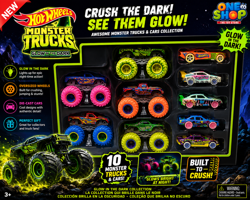 Hot Wheels Monster Trucks Glow in the Dark Set – 8-Piece Monster Truck & Die-Cast Car Collection for Kids Main image