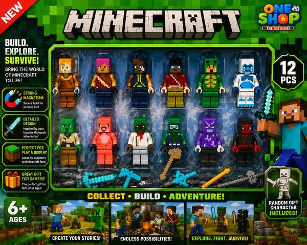 Minecraft Action Figures Set – 12 Piece Pixel Character Building Block Toy Collection for Kids