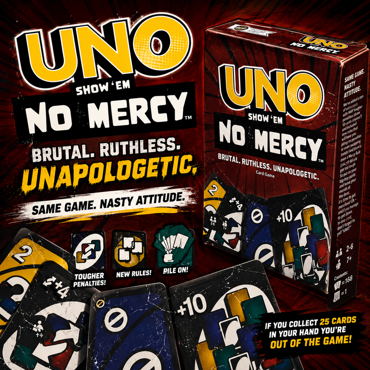 UNO No Mercy Card Game – Extreme Rules Edition for Teens & Families | Brutal +10 Cards, Strategy & Fast-Paced Fun