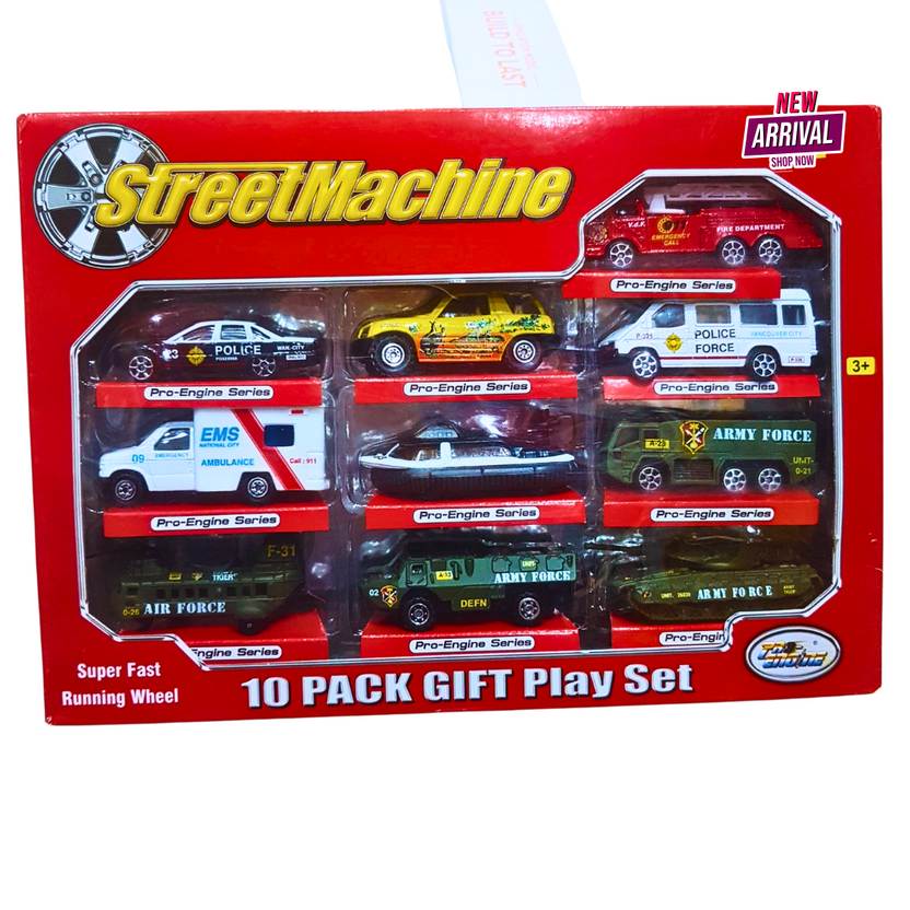 🚔 Street Machine 10-Pack Emergency &amp; Military Vehicle Playset – Pro-Engine Series Main image