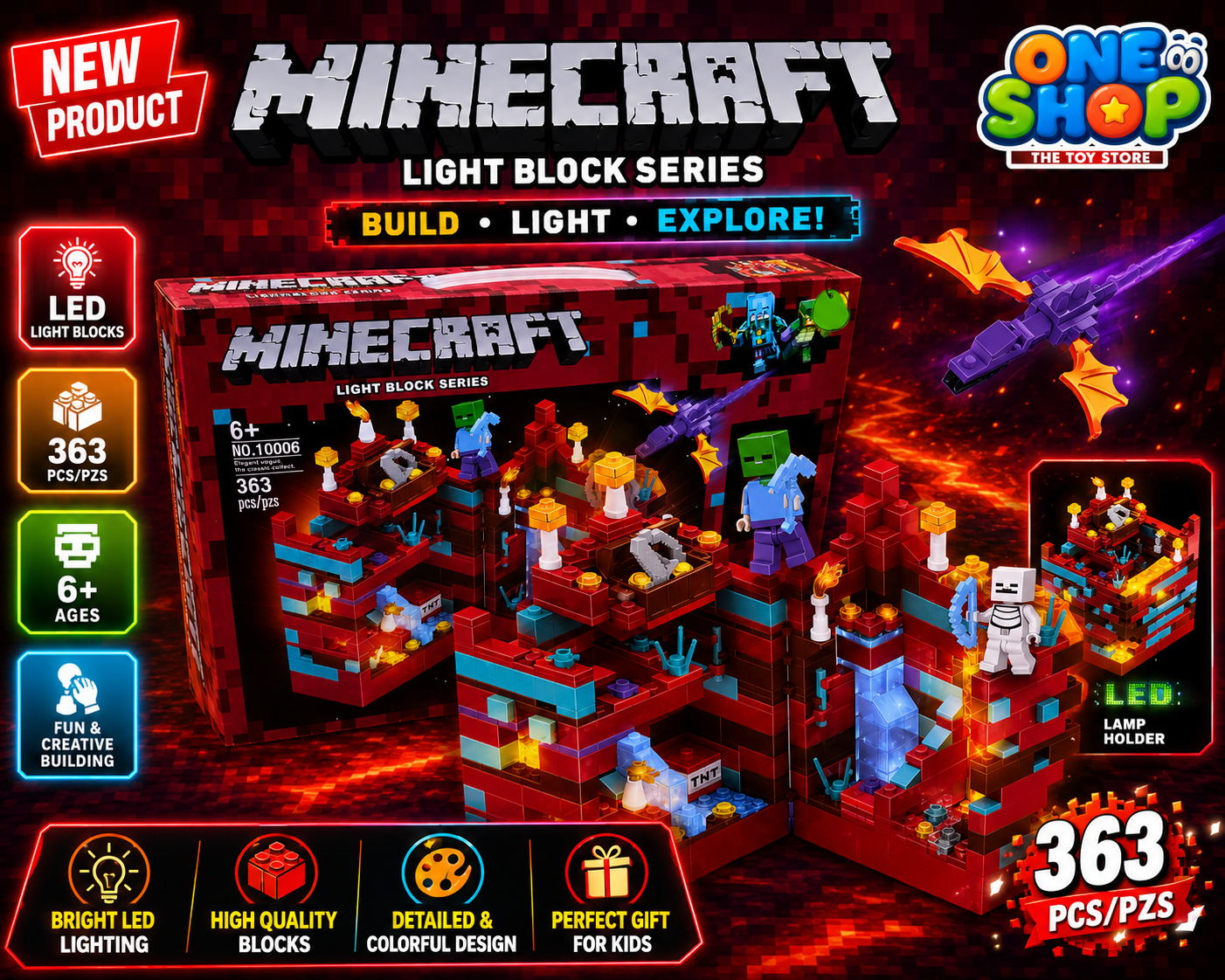 Minecraft Light Block Series 363 PCS Building Set with LED Lights – Creative Construction Blocks Toy for Kids | Dragon & Action Figure Playset | Educational STEM Toy for Boys & Girls 6+