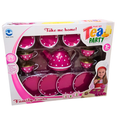 Delightful Kids Tea Set - 14-Piece Metal Tea Party Playset for Ages 3 and Up, Pink with White Polka Dots - Includes Teapot, Platter, Cups, and Dishes - Imaginative Pretend Play Toy