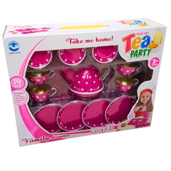 Delightful Kids Tea Set - 14-Piece Metal Tea Party Playset for Ages 3 and Up, Pink with White Polka Dots - Includes Teapot, Platter, Cups, and Dishes - Imaginative Pretend Play Toy