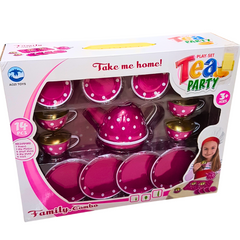 Delightful Kids Tea Set - 14-Piece Metal Tea Party Playset for Ages 3 and Up, Pink with White Polka Dots - Includes Teapot, Platter, Cups, and Dishes - Imaginative Pretend Play Toy