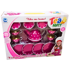 Delightful Kids Tea Set - 14-Piece Metal Tea Party Playset for Ages 3 and Up, Pink with White Polka Dots - Includes Teapot, Platter, Cups, and Dishes - Imaginative Pretend Play Toy