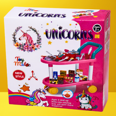 Unicorn Restaurant Cart Play Set for Kids – 46PCS Pretend Play Kitchen Trolley with Cooking Accessories for Girls 3+ Years