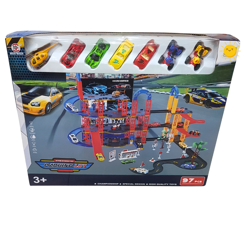 Deluxe Multi-Level Parking Lot Playset with 6 Die-Cast Cars - 97 Pieces for Ages 3+ Main image