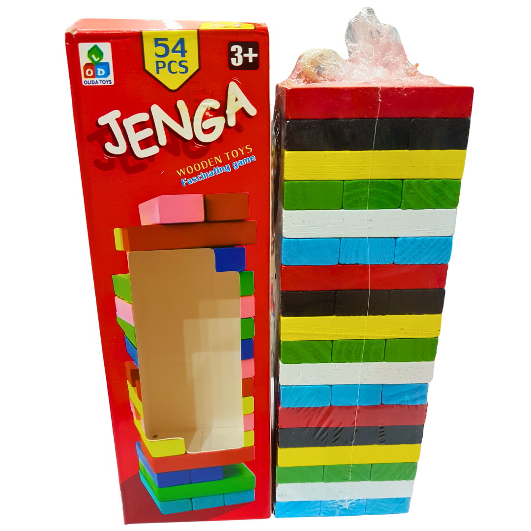 Jenga Wood Blocks Game - Multicolor, Edge-of-Your-Seat Fun for Kids & Adults, Ages 3+ | 54 Precision-Crafted Hardwood Blocks with Stacking Sleeve & Instructions
