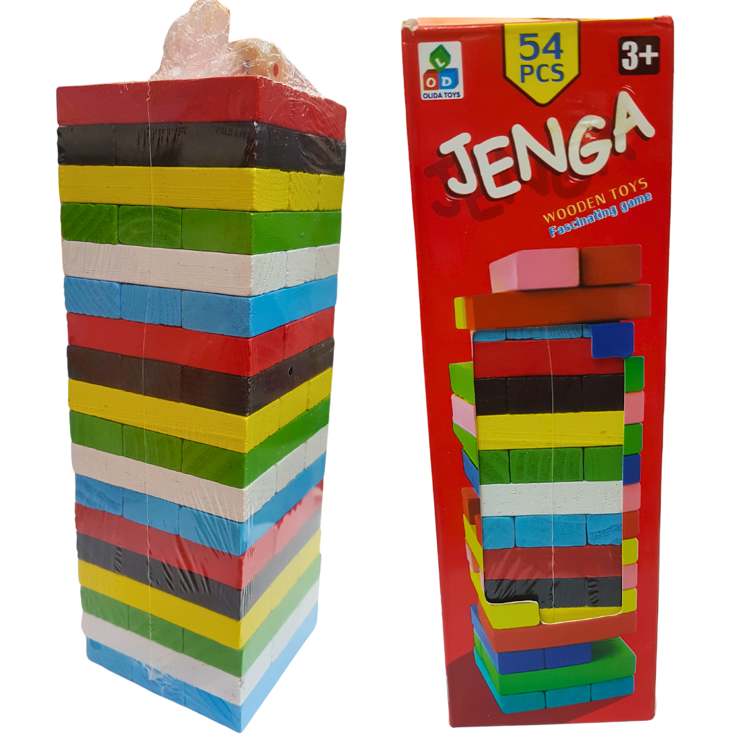 Jenga Wood Blocks Game - Multicolor, Edge-of-Your-Seat Fun for Kids & Adults, Ages 3+ | 54 Precision-Crafted Hardwood Blocks with Stacking Sleeve & Instructions