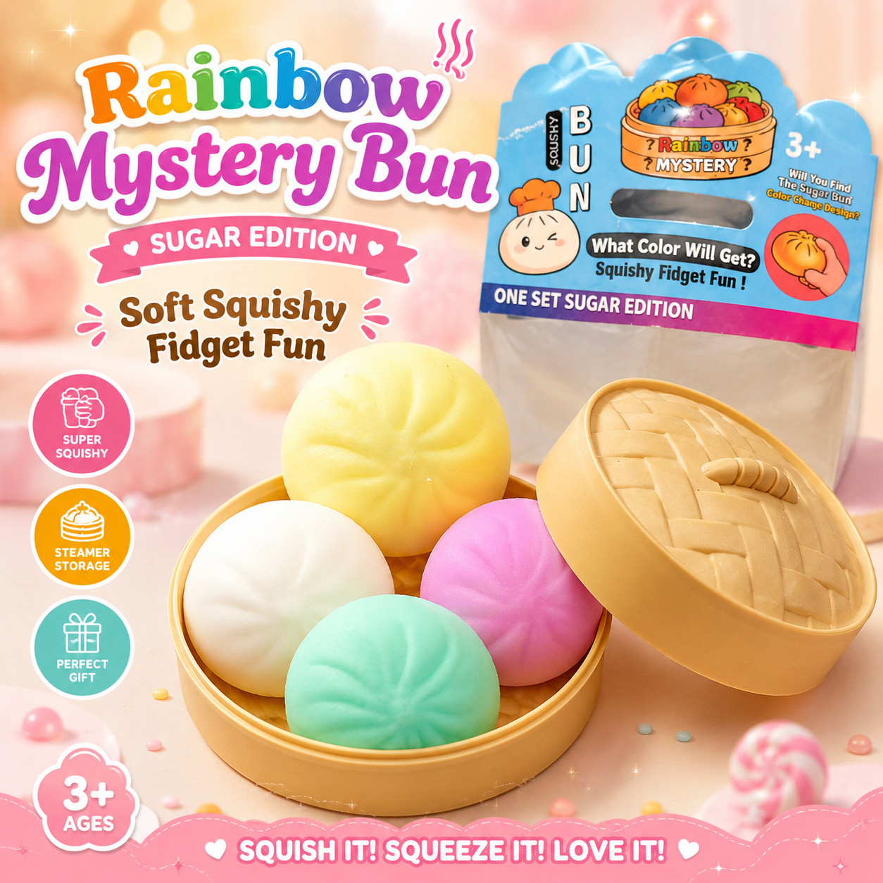 Rainbow Mystery Squishy Bun Sugar Edition for Kids – Soft Squishy Fidget & Sensory Stress Relief Toy with Steamer Case, Ages 3+