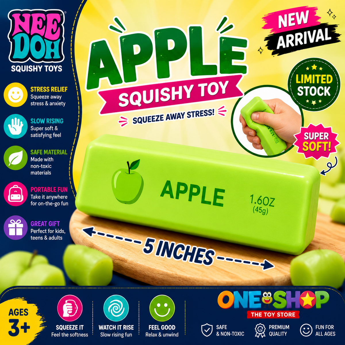 Green Apple Squishy Toy banner showing 5-inch green squeeze toy