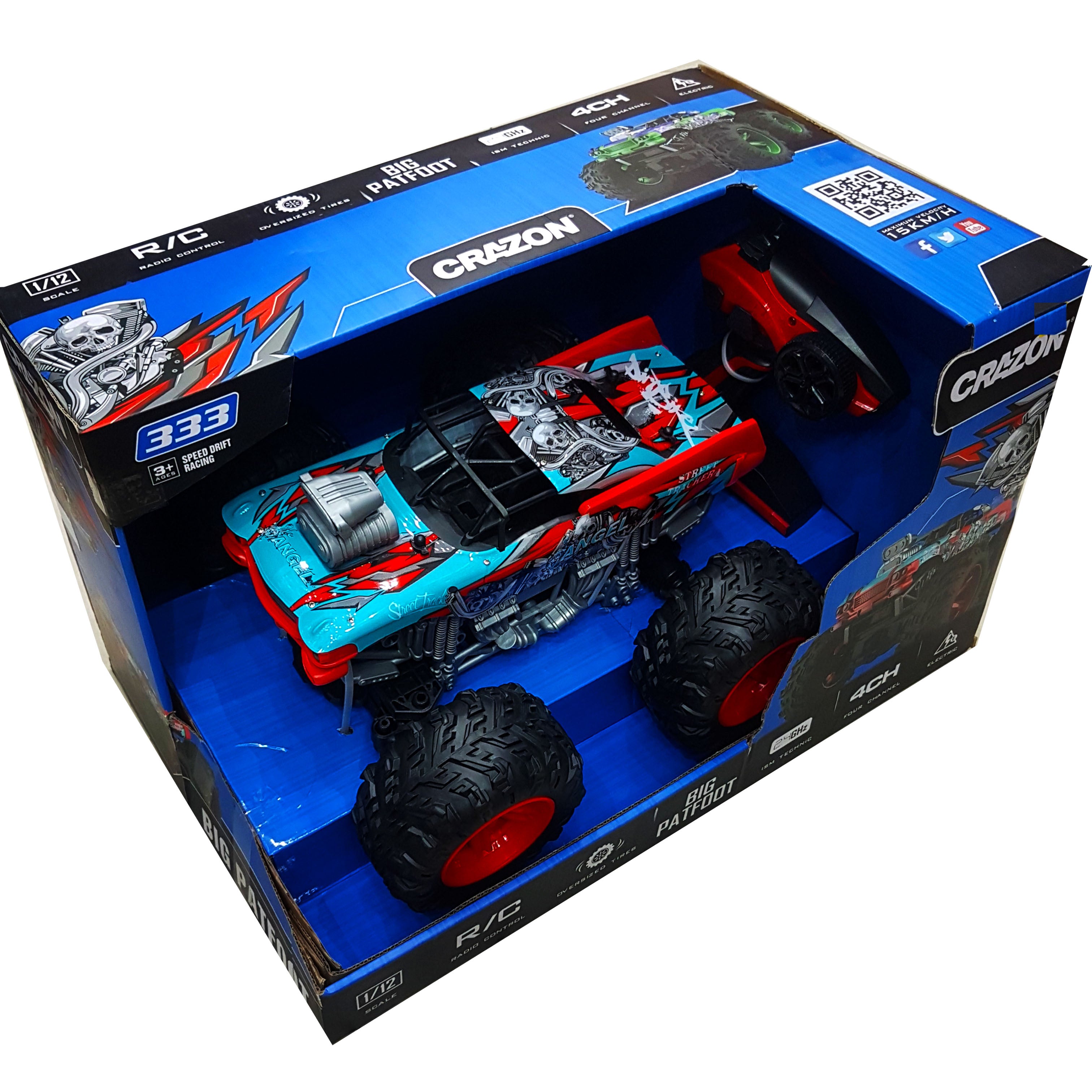CRAZON 1/12 Scale Remote Control Car with Oversized Tires, 2.4GHz 4 Channel, 15km/h Max Speed, Drift Racing, Big Patfoot - New Arrival Toy for Boys