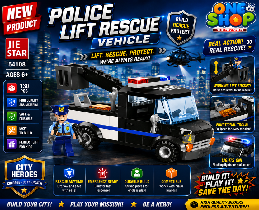 JIE STAR City Global Police Lift Rescue Vehicle Building Blocks Set – Police Tow Truck Construction Toy for Kids | Rescue Crane Truck Brick Set | Educational STEM Toy for Boys & Girls 6+ Main image