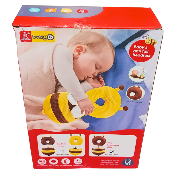 Bee baby cushion package showing the product worn during supervised sitting