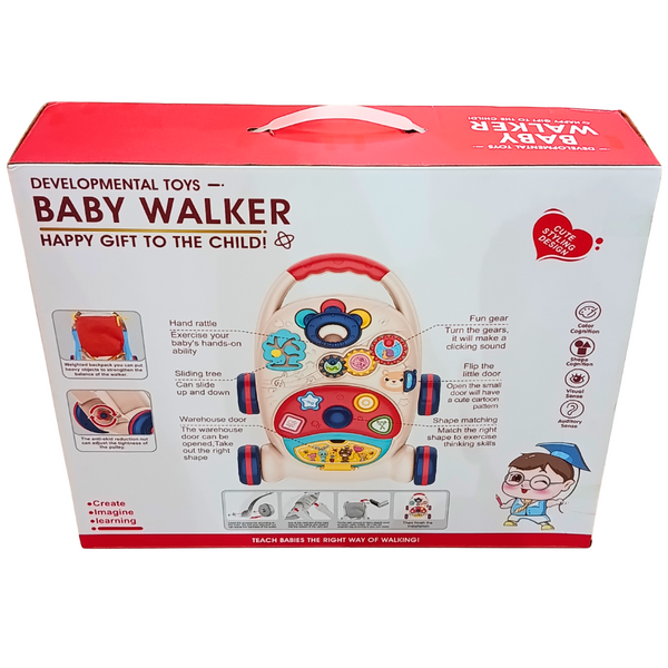 Baby walker packaging showing activity features