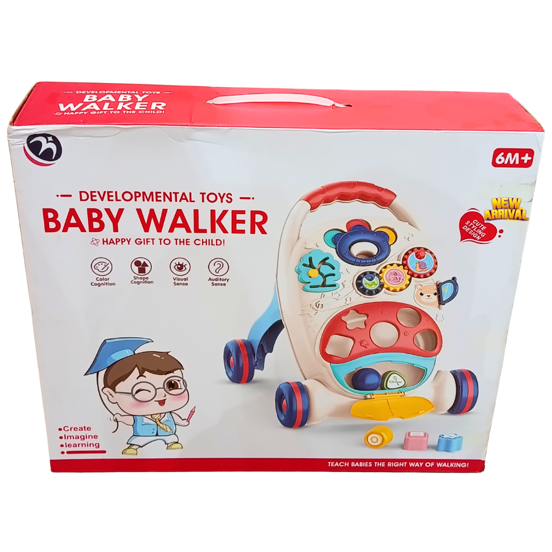 Baby walker front packaging with shape sorting play panel