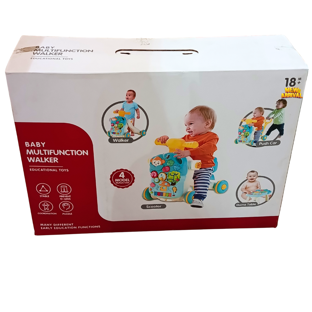4-in-1 baby walker front packaging showing walker, scooter, push car and game table