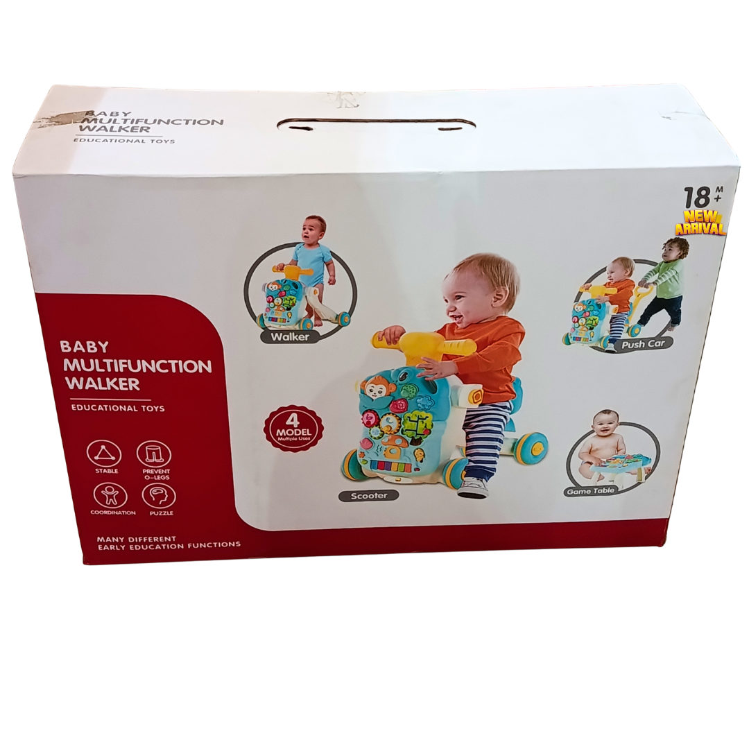 4-in-1 baby walker front packaging showing walker, scooter, push car and game table