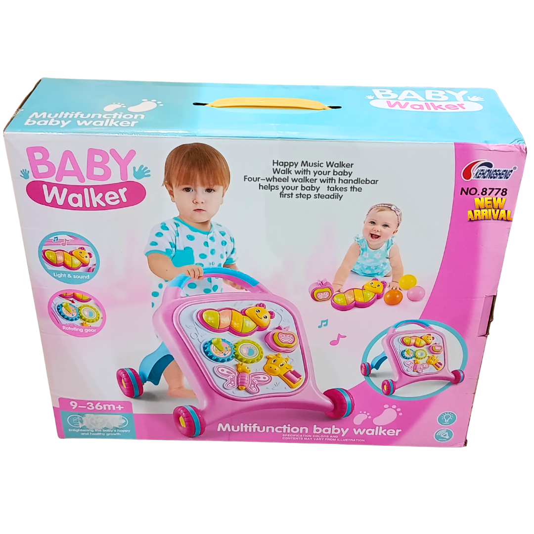 Front packaging for pink and blue multifunction baby walker model 8778