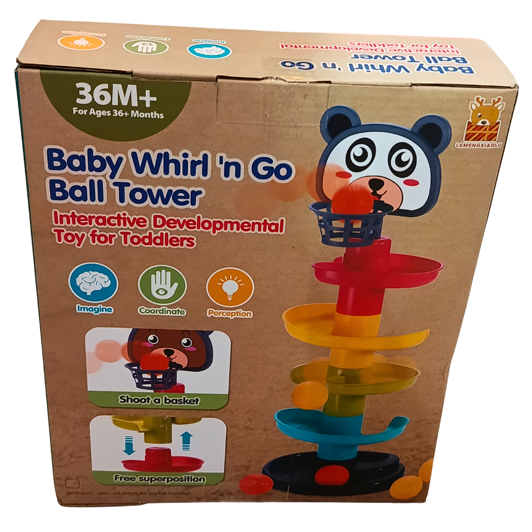 Baby Whirl n Go Ball Tower packaging and play features