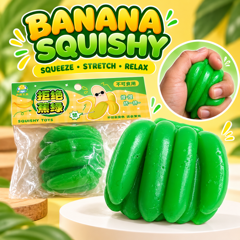 Green banana bunch squishy toy with packaging Main image