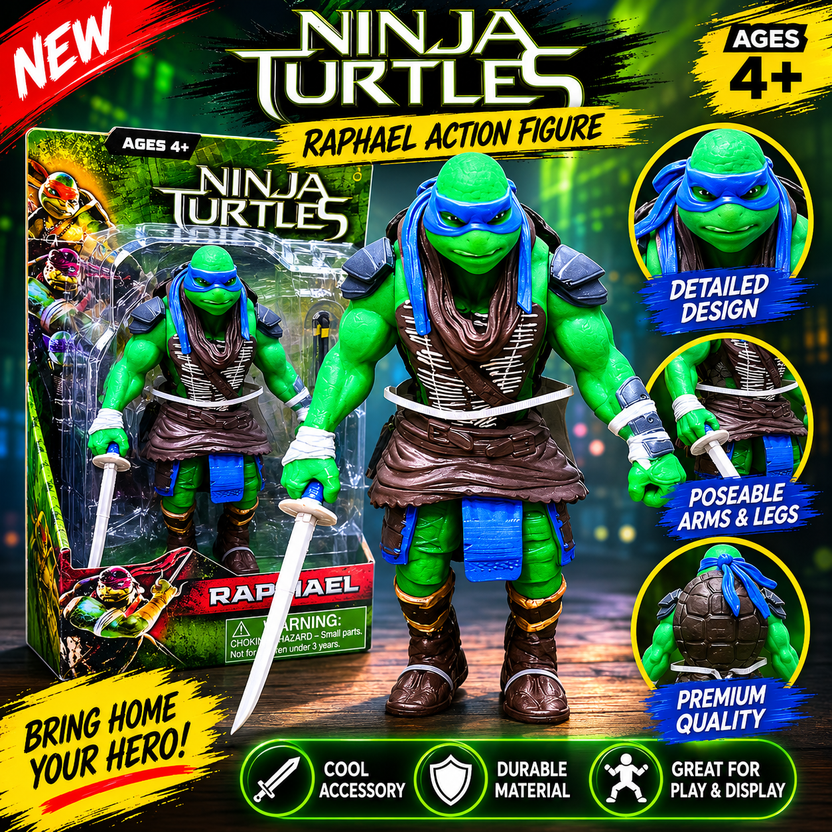 Ninja Turtles Raphael Action Figure for Kids – Teenage Mutant Ninja Turtle Toy with Sword Accessories | Superhero Cartoon Collectible Toy for Boys & Girls Main image
