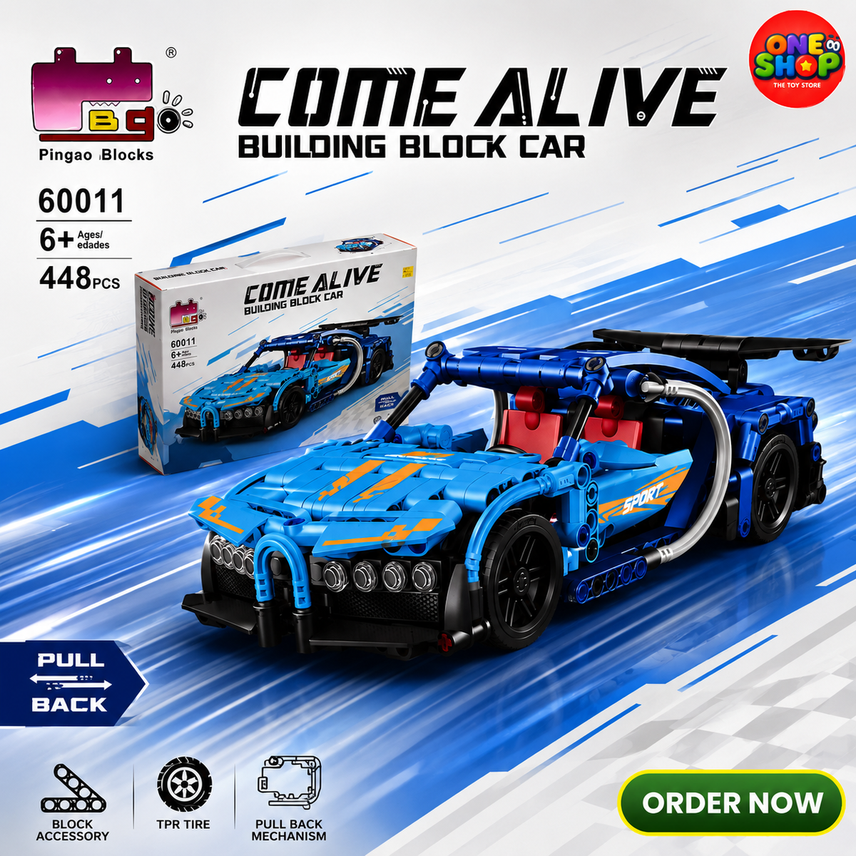 Pingao Building Block Sports Car 448 Pieces – Pull Back Racing Car Construction Set for Kids | DIY Supercar Building Blocks Toy | STEM Educational Toy 6+ Years