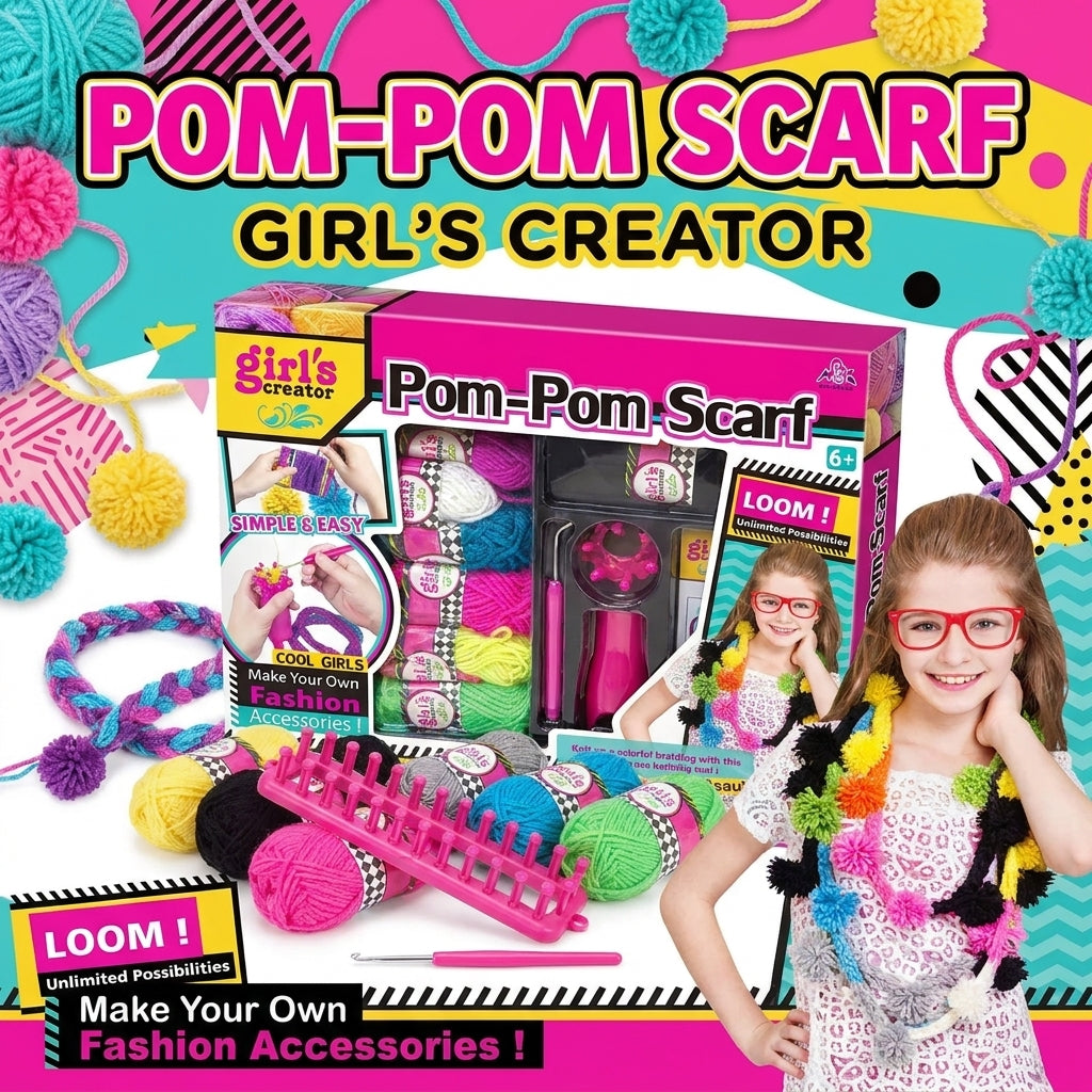 DIY Pom-Pom Scarf Loom Knitting Kit with 9-Color Yarn & Pom-Pom Maker – Model 2746