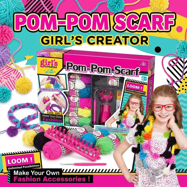 DIY Pom-Pom Scarf Loom Knitting Kit with 9-Color Yarn & Pom-Pom Maker – Model 2746