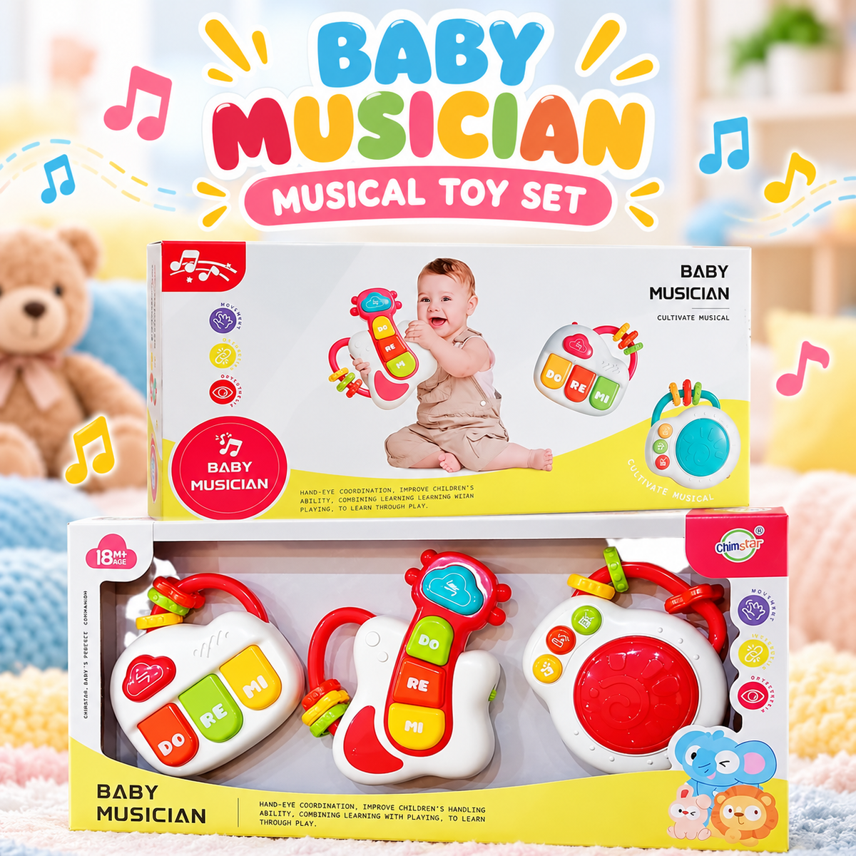 Chimstar Baby Musician 3-Piece Musical Instrument Set – Baby Piano, Toy Guitar & Drum Activity Toys | 18 Months+