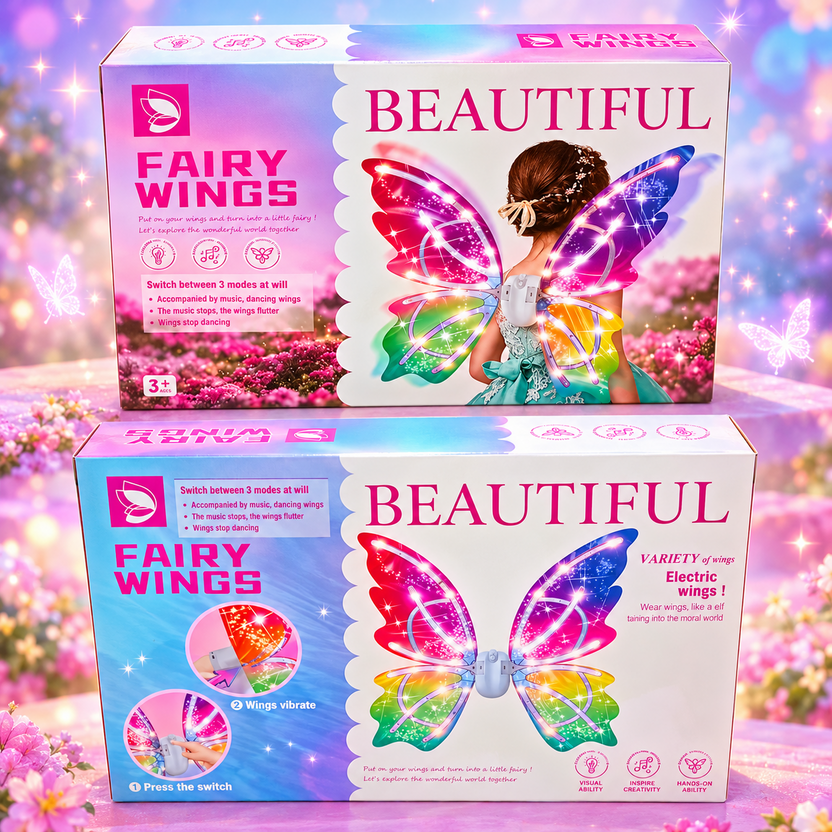 Beautiful Fairy Wings product banner with original front and back packaging showing illuminated rainbow butterfly fairy wings Main image